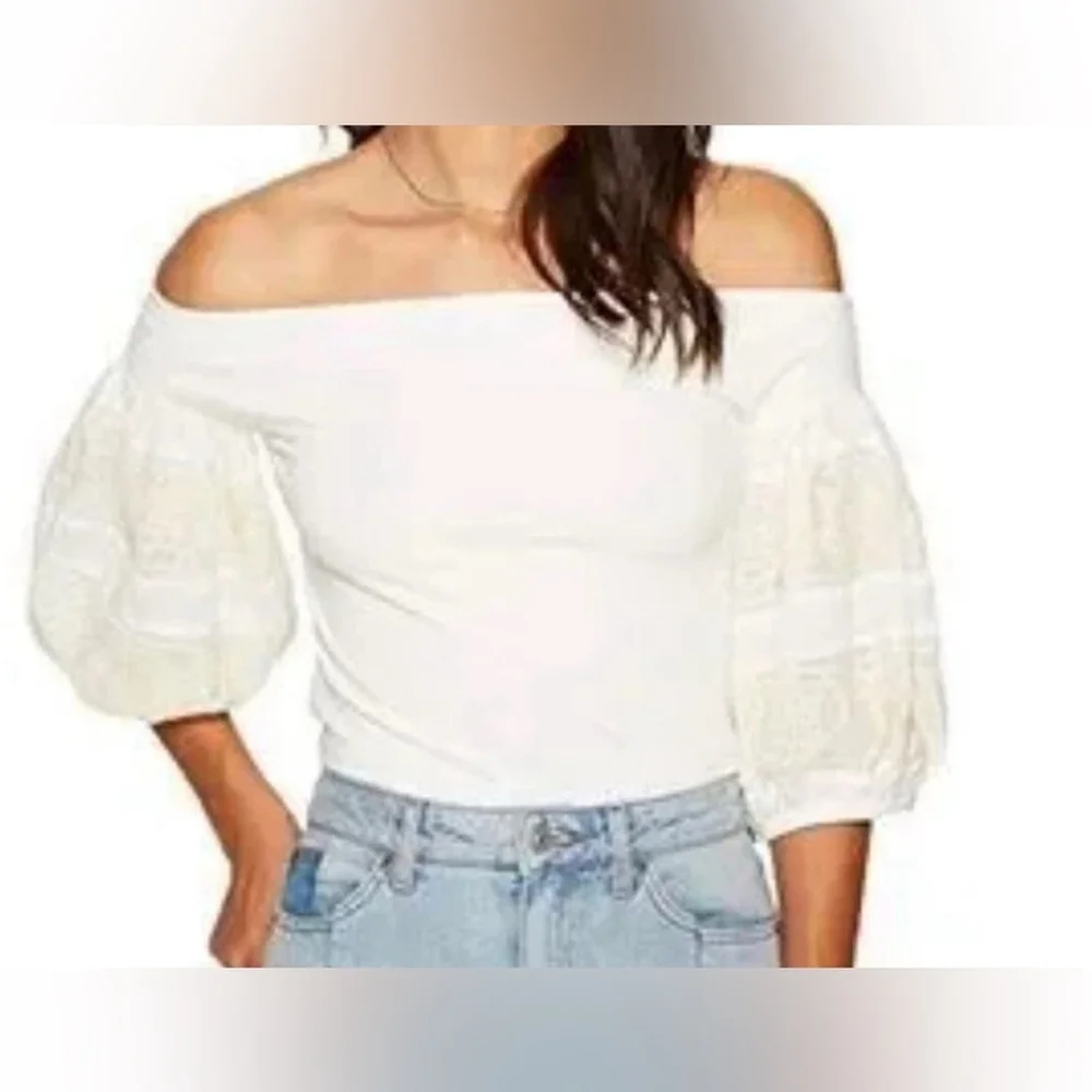 Free People Embroidered Knit Blouse Ivory.Off-Shoulder Top with puff Sleeves